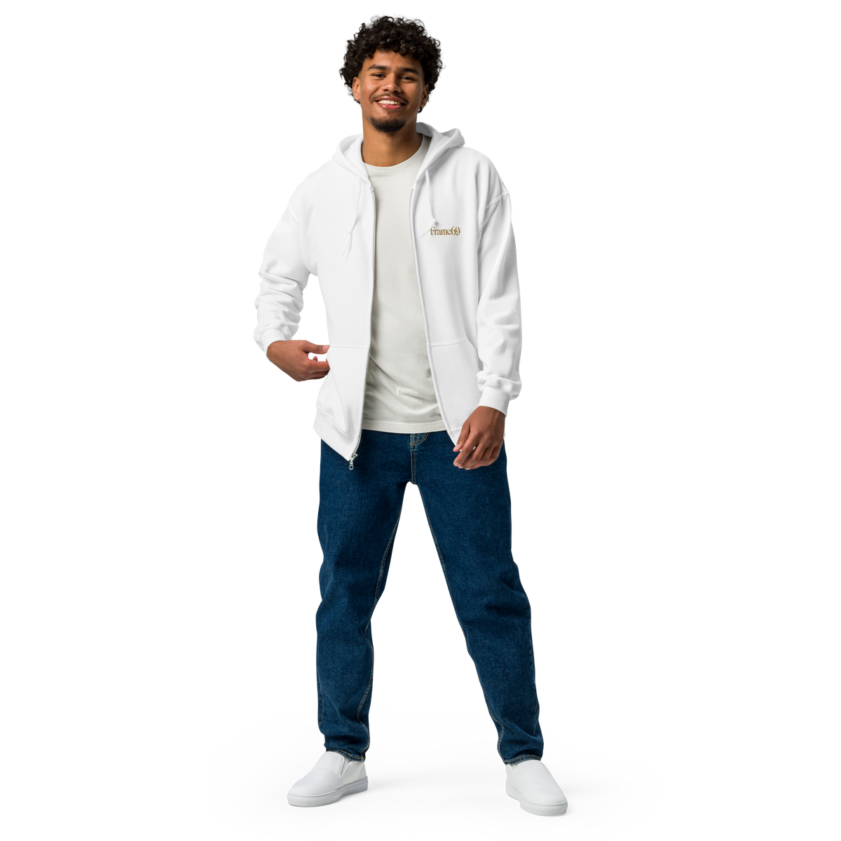 White zip-up hoodie with hood and front zipper