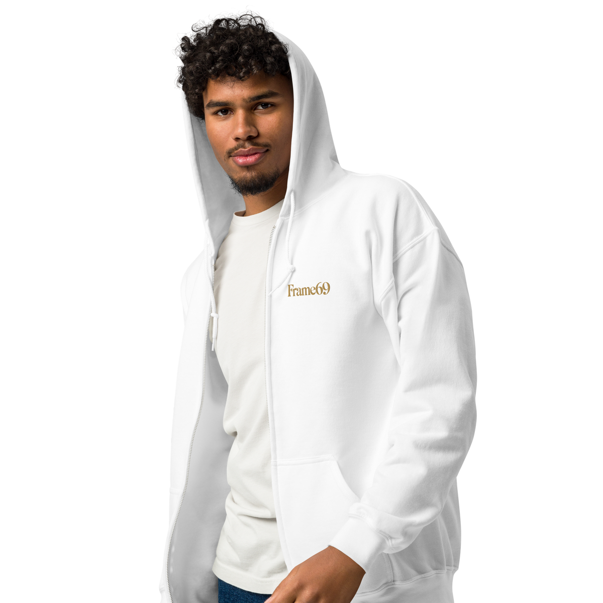 White zip-up hoodie with hood and front zipper, kangaroo pocket