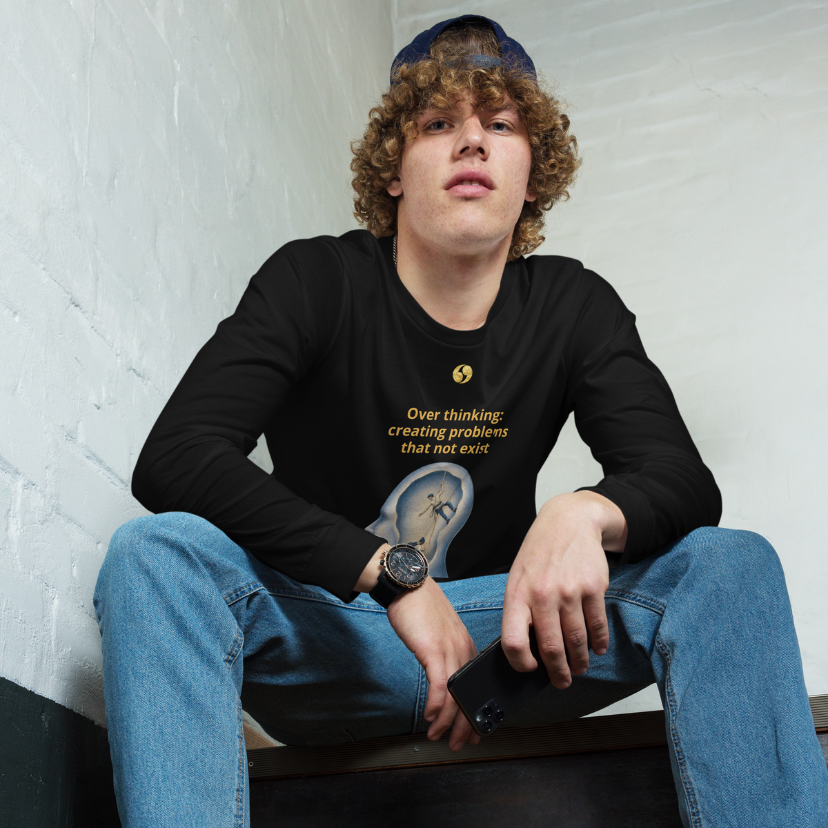 Black long-sleeve tee with front graphic print and crew neck