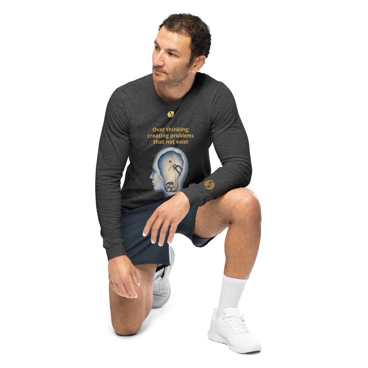 Dark grey long-sleeve tee with front graphic print and crew neck