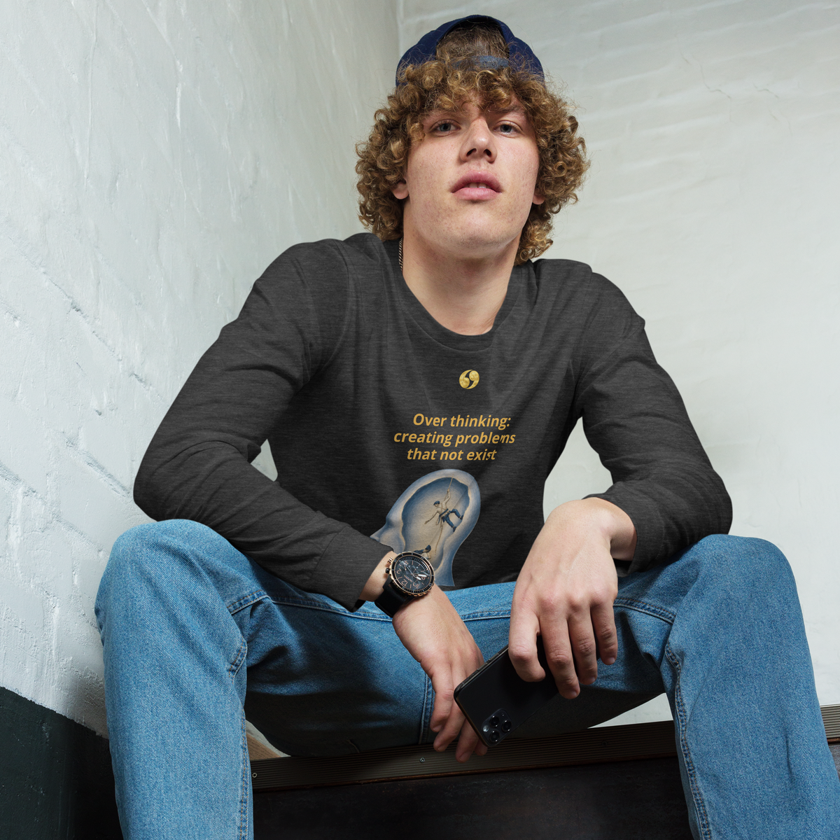 Dark grey long-sleeve tee with front graphic print and crew neck