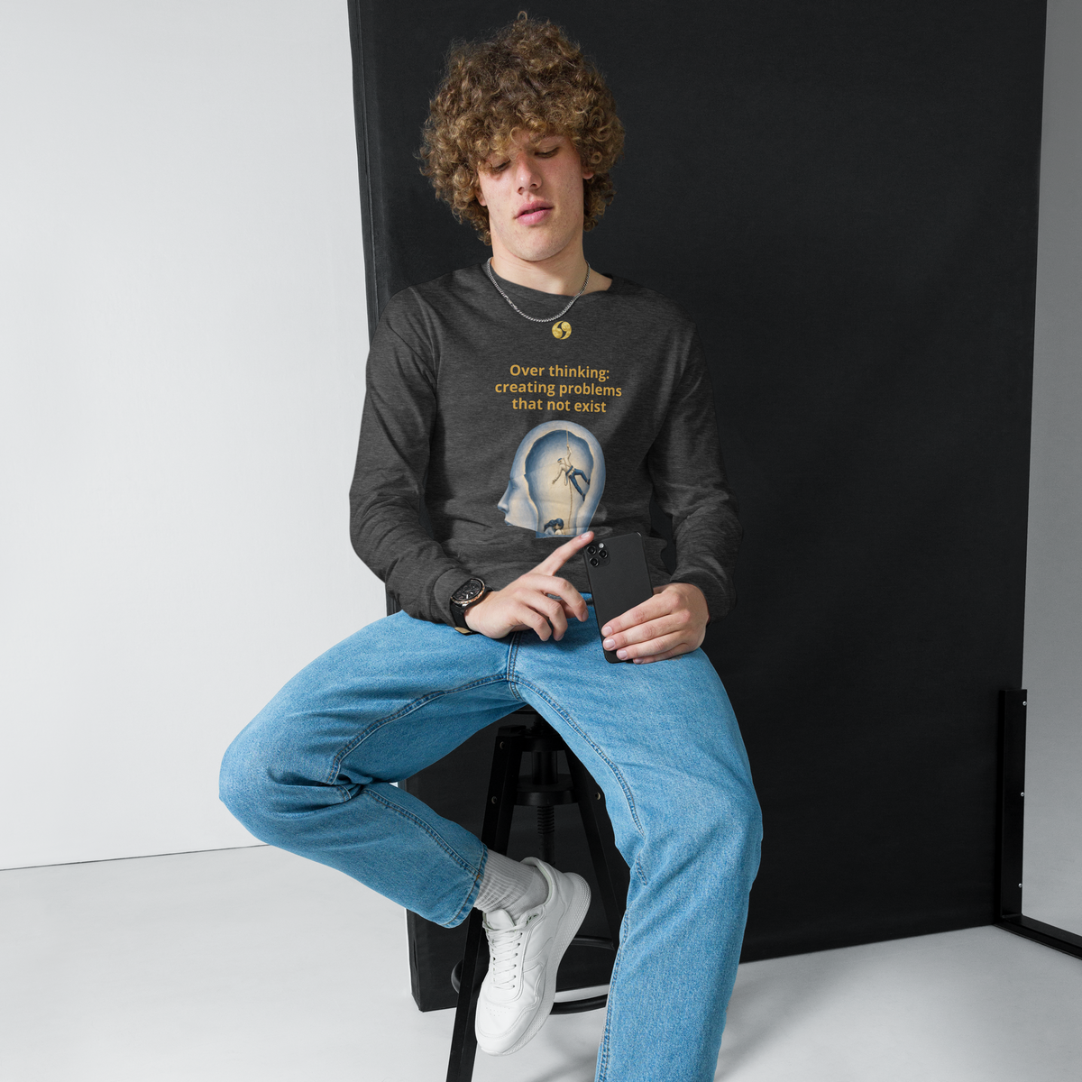 Dark grey long-sleeve tee with front graphic print and crew neck