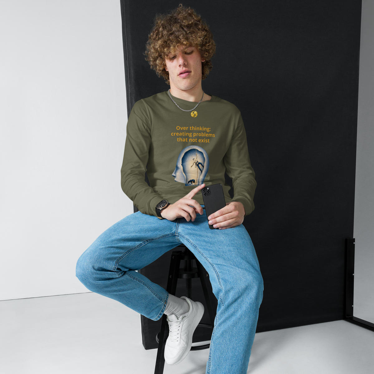 Military green long-sleeve tee with round neck and front graphic print
