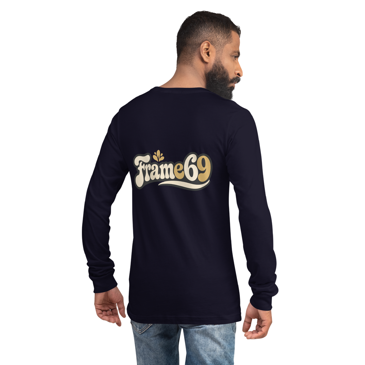 Navy long-sleeve tee with back logo graphic and crew neck