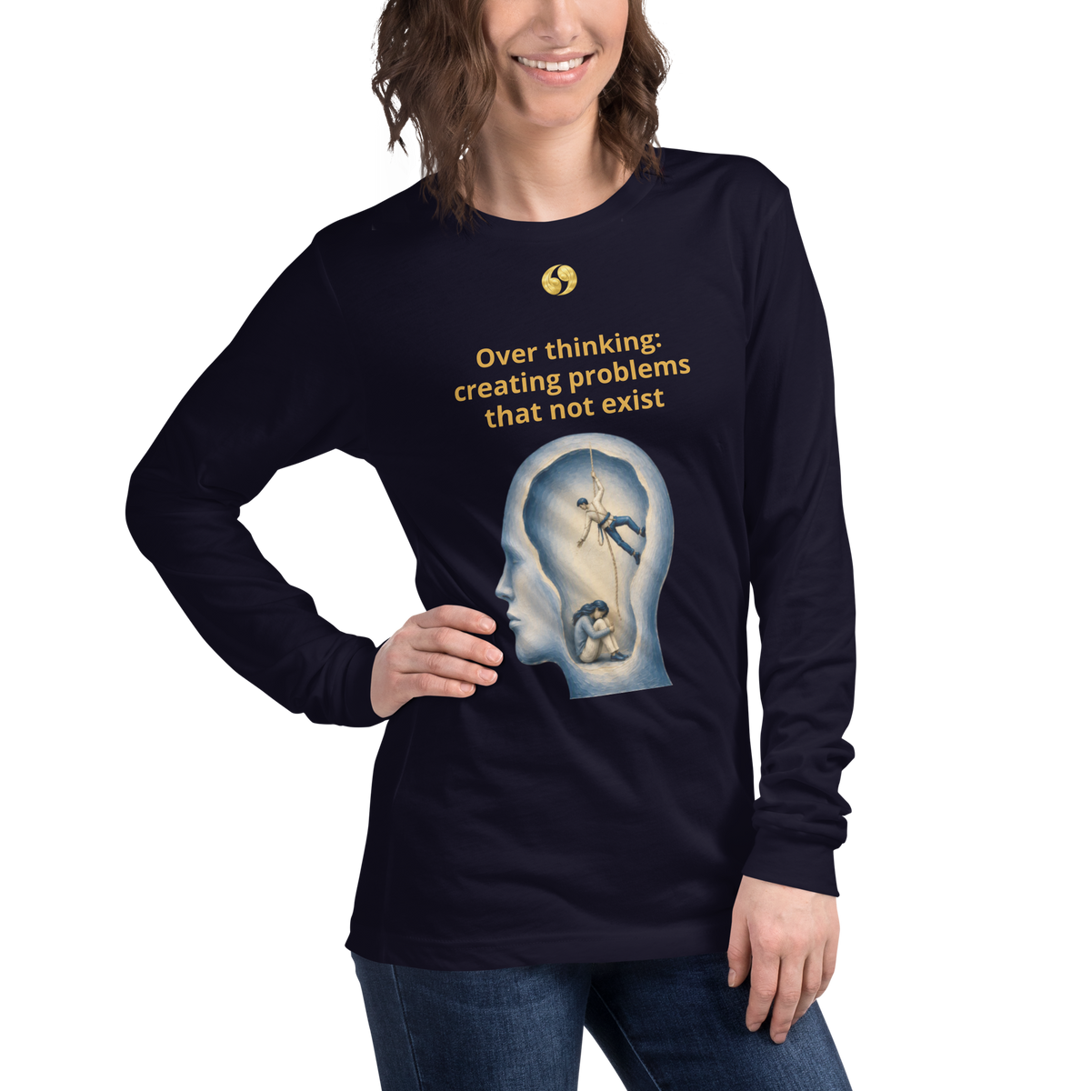 Navy long-sleeve tee with front graphic print and crew neck