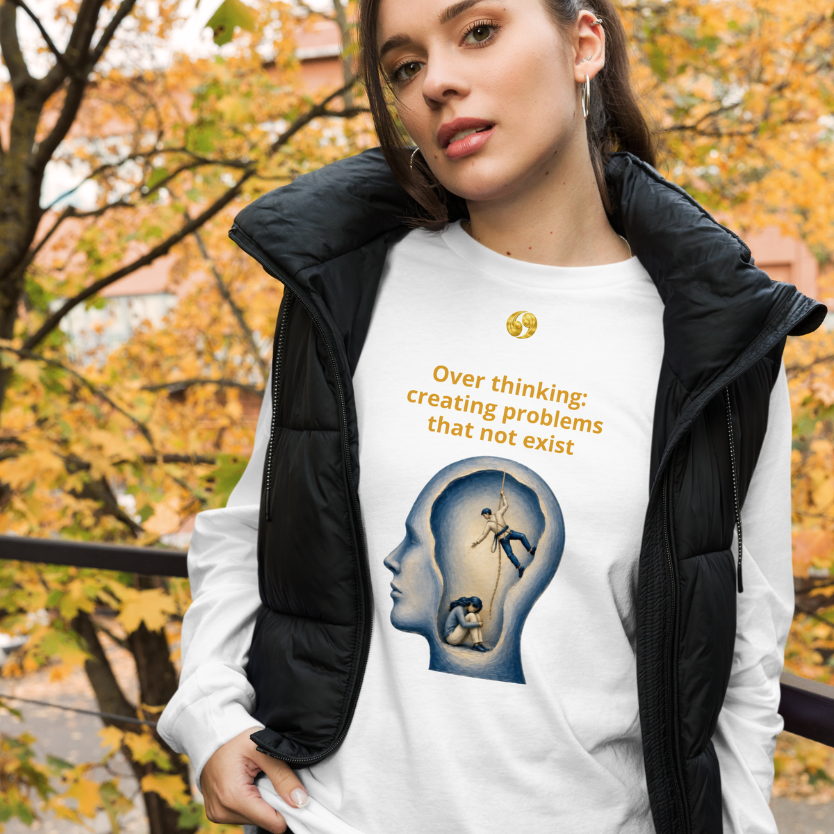 White long-sleeve tee with front graphic print and crew neck