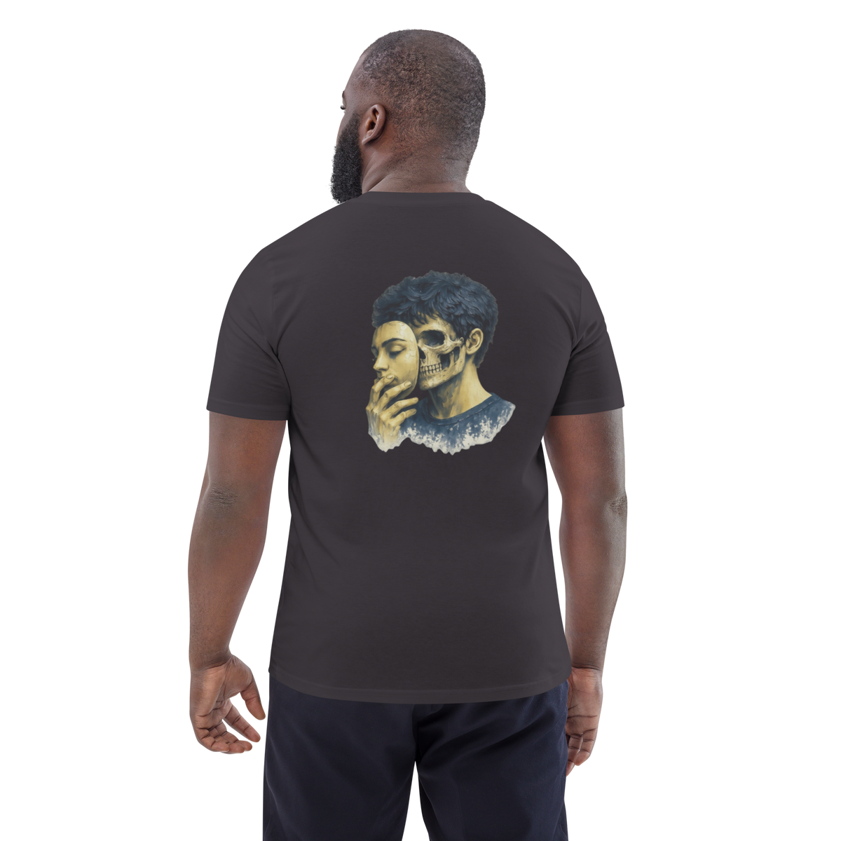 Black graphic tee with blue face and skull print on the back