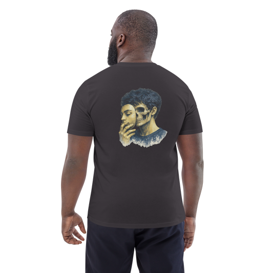 Black graphic tee with blue face and skull print on the back
