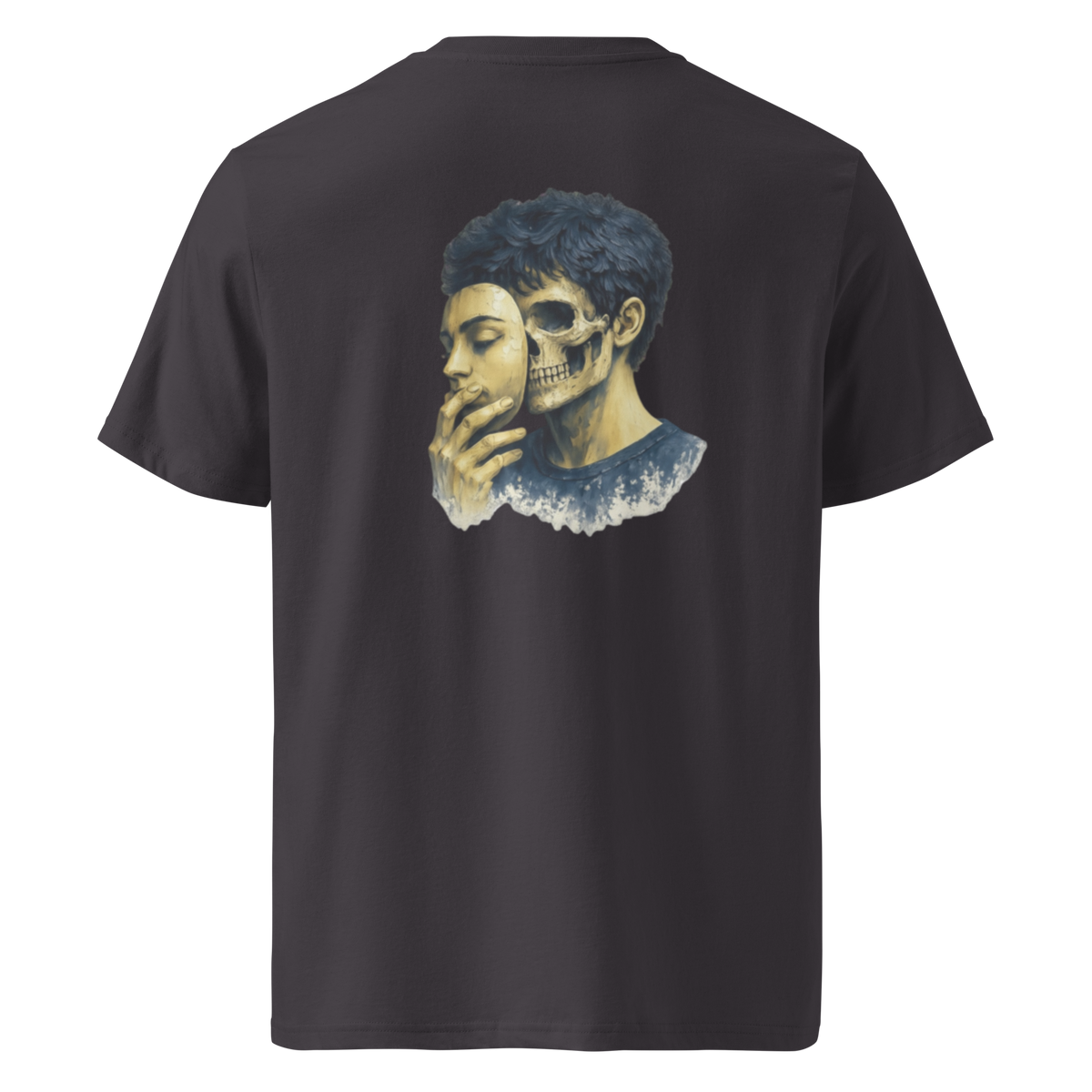 Dark gray graphic tee with large blue skull portrait on back, crew neck, short sleeves