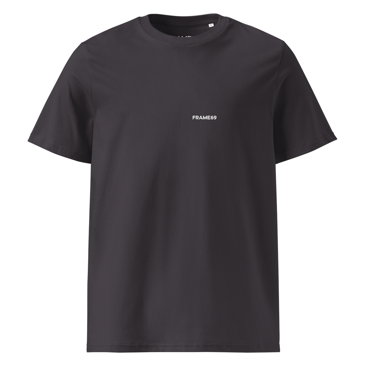 Dark gray graphic tee with small chest logo, crew neck, short sleeves