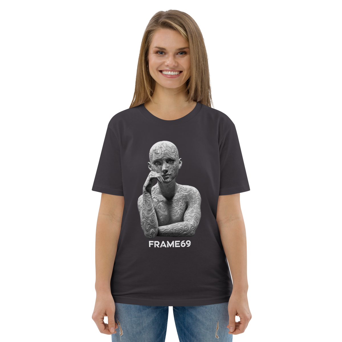 Dark heather gray crewneck T-shirt with gray sculpture graphic and FRAME69 text