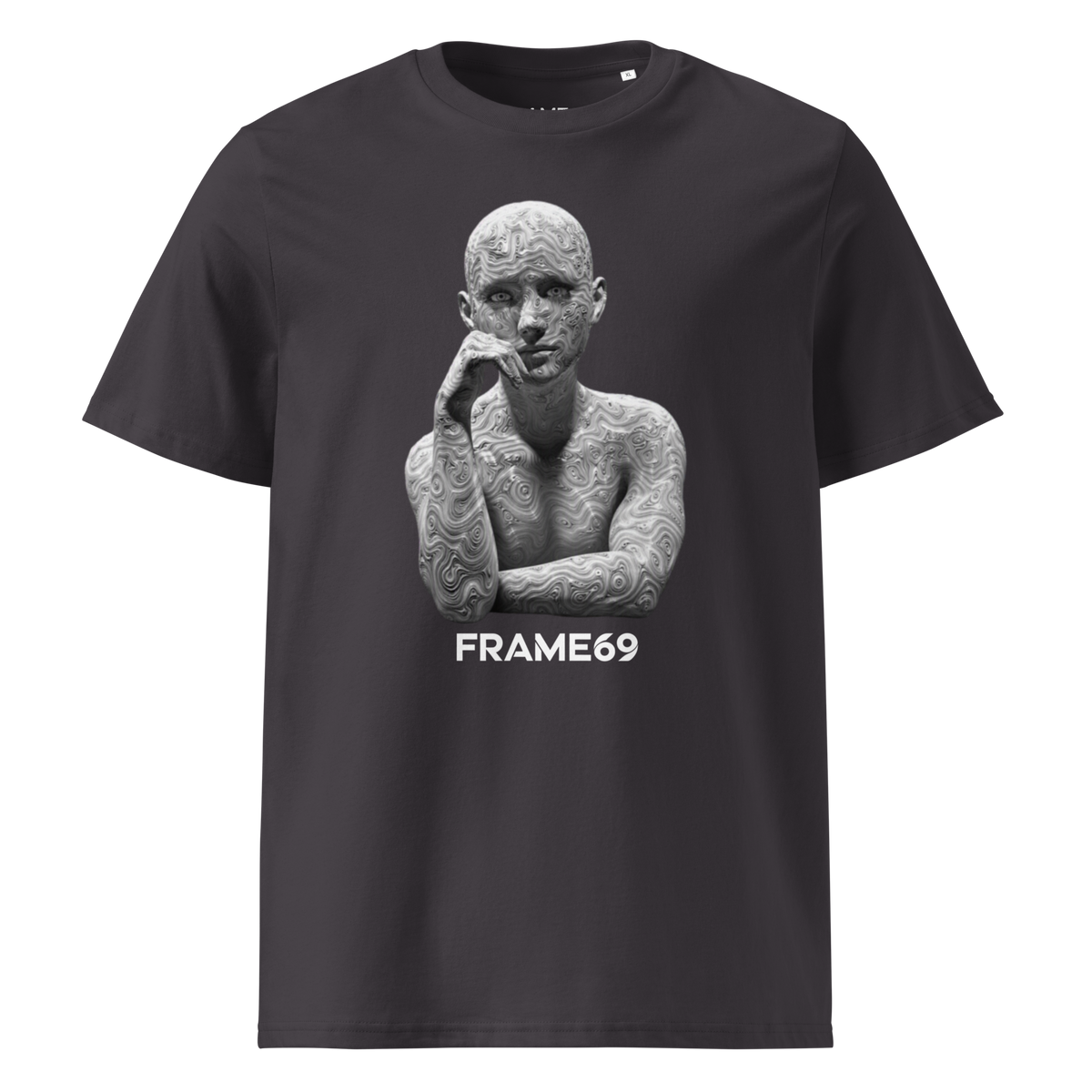 Anthracite Sculpture T-shirt with white FRAME69 statue graphic, hand to lips