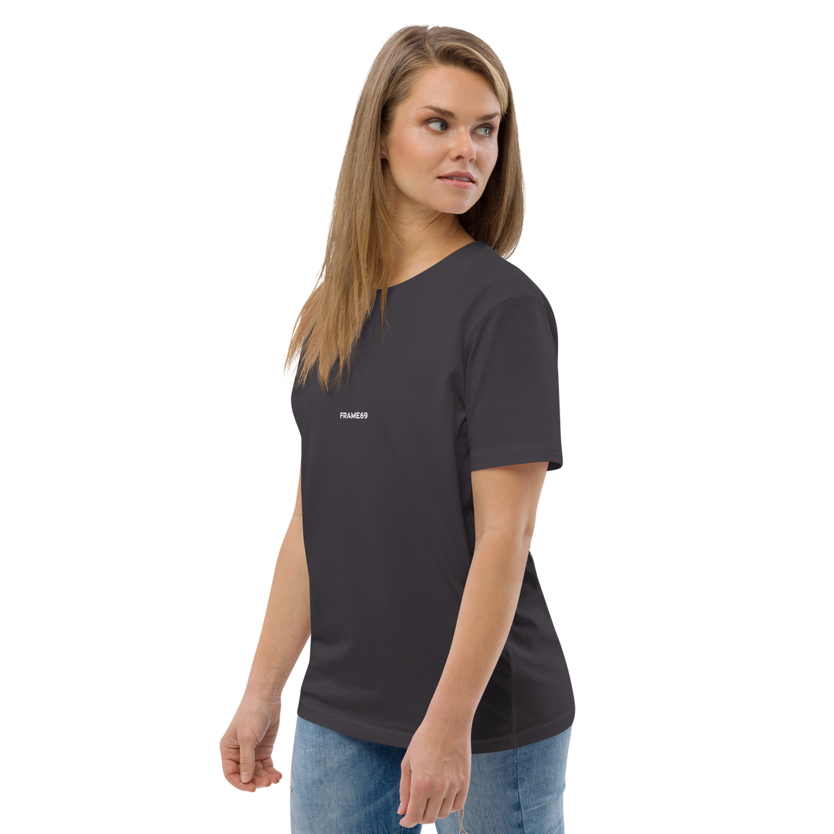 Dark gray graphic tee with small FRAME69 text on the chest