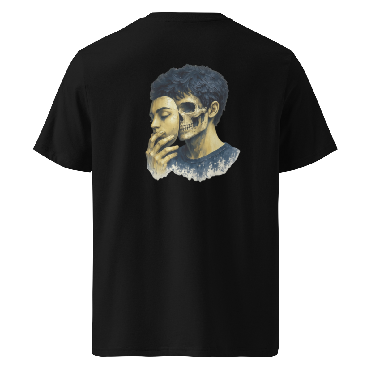 Black graphic tee with blue portrait skull graphic on front