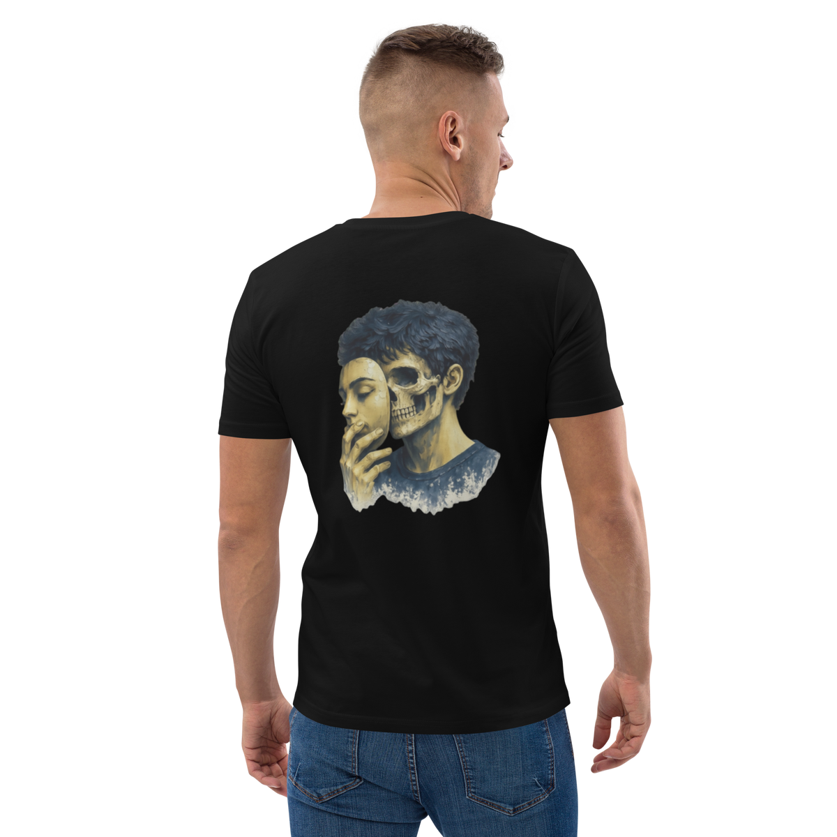 Black graphic tee with blue portrait skull graphic on back