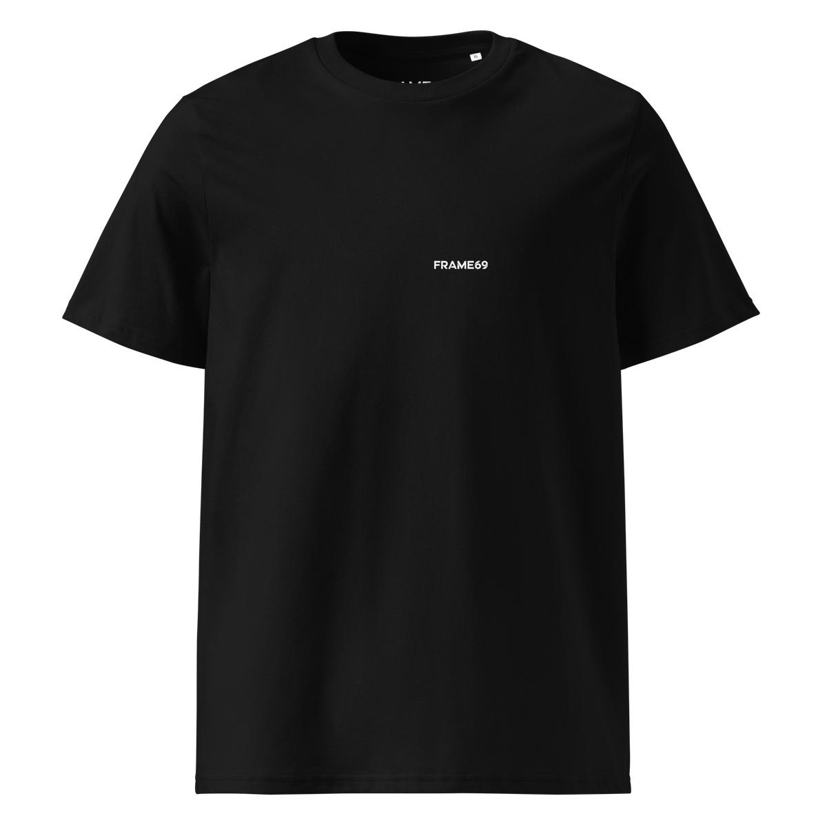 Black graphic tee with small FRAME69 text on the chest
