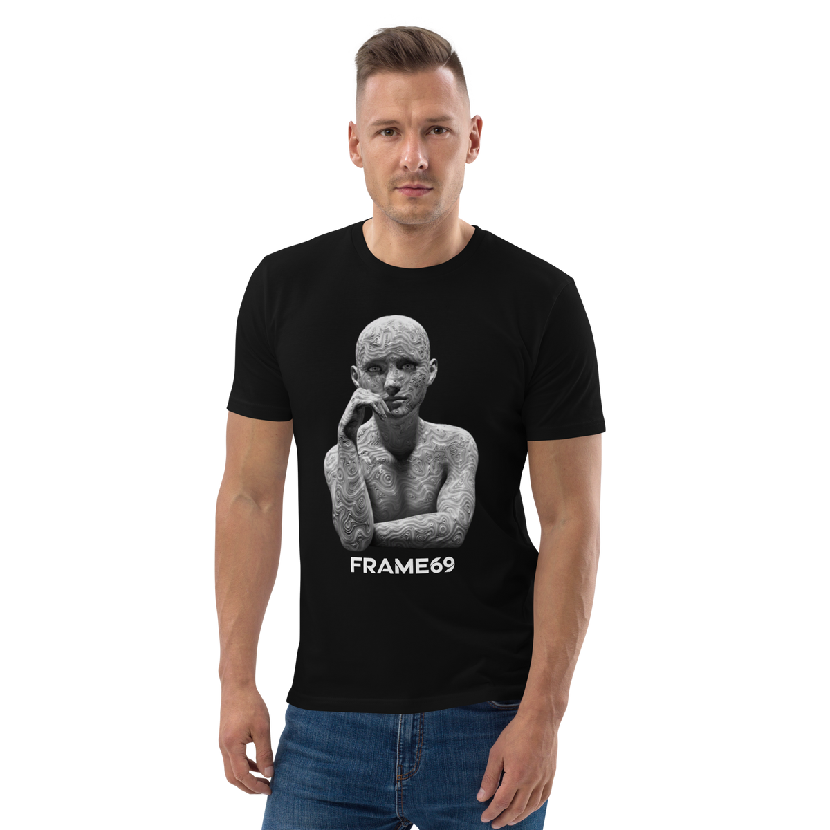 Black Sculpture T-shirt on model with white FRAME69 statue graphic, hand to lips