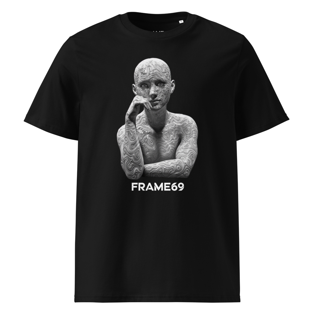 Black Sculpture T-shirt with white FRAME69 statue graphic, hand to lips