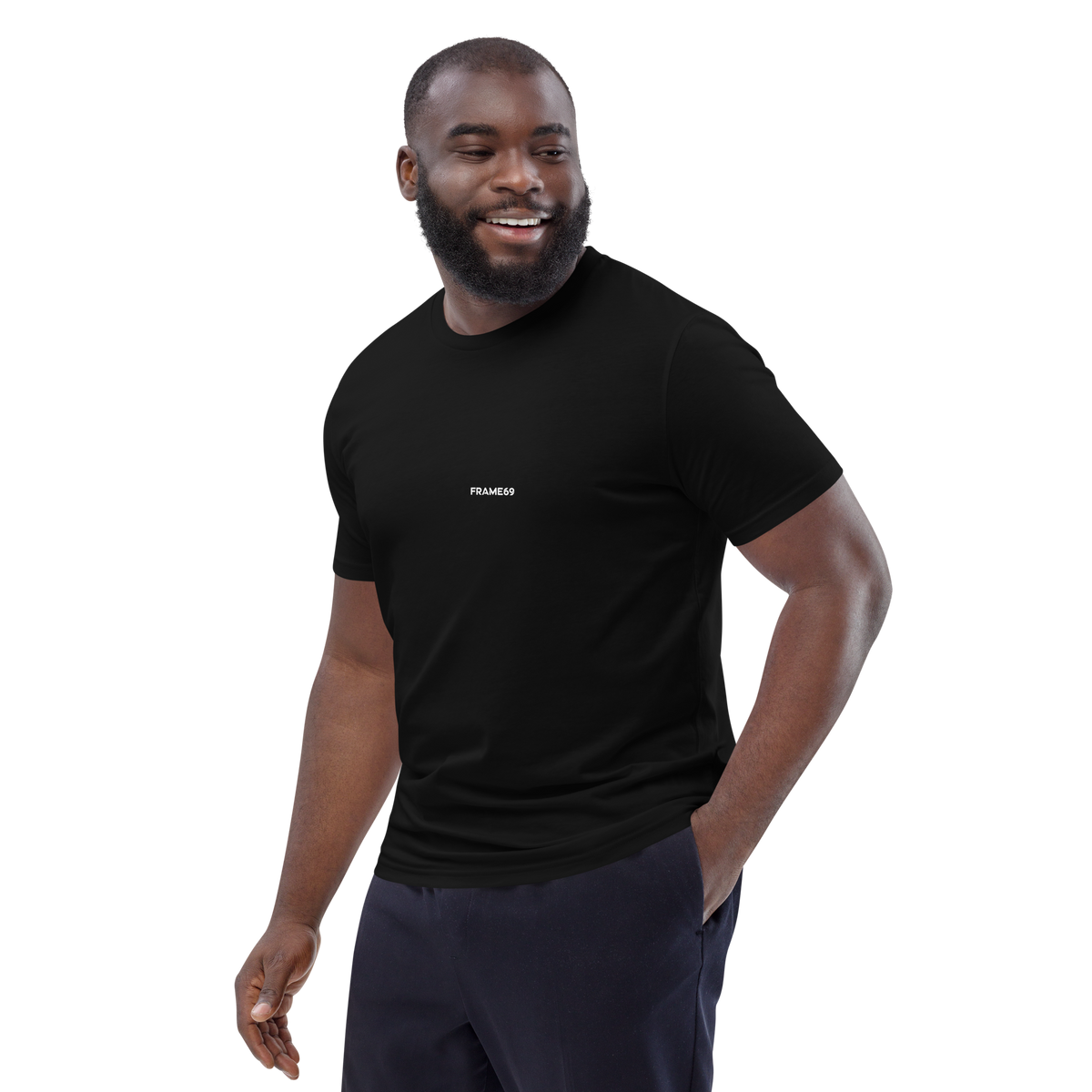 Black graphic tee with small FRAME69 logo on front chest