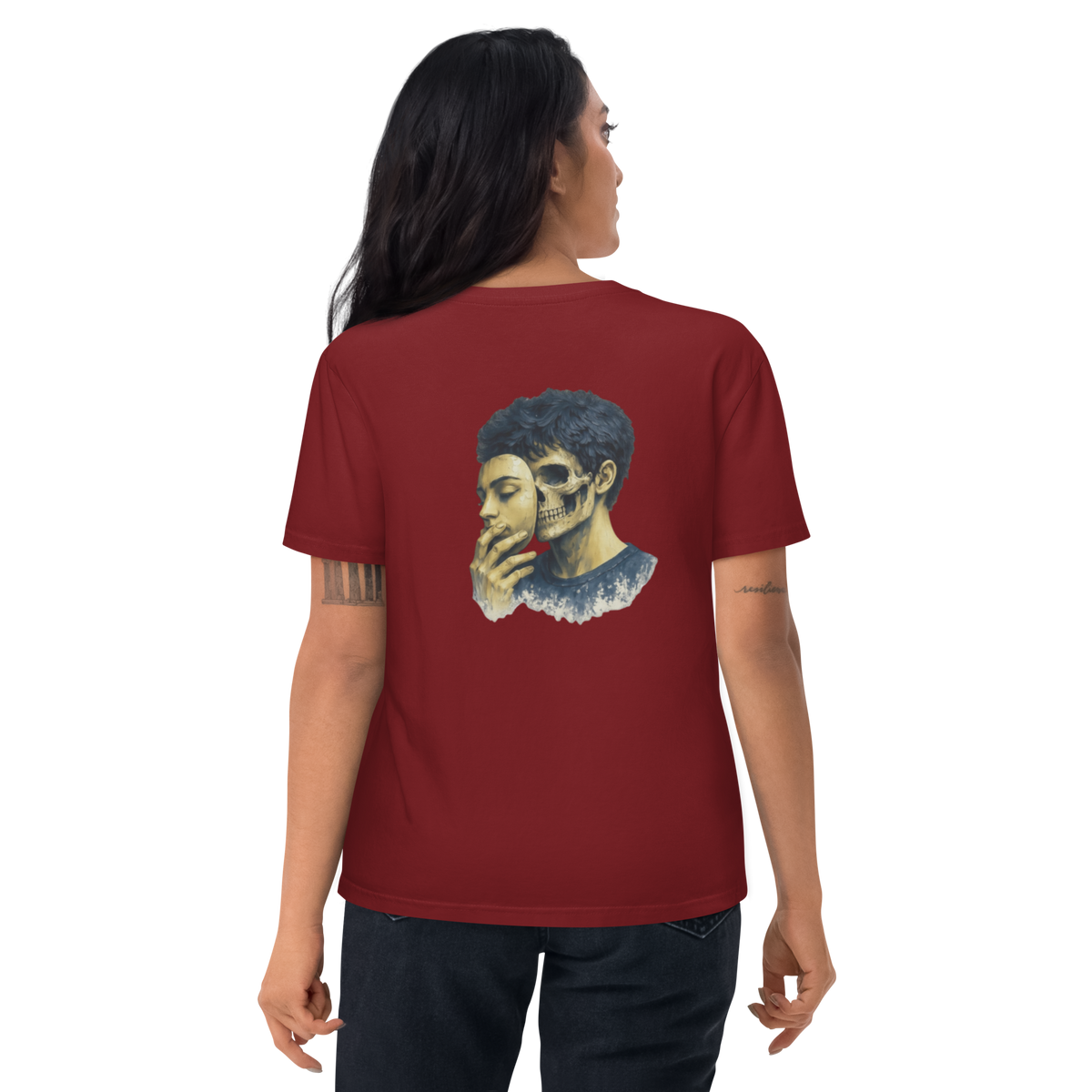 Burgundy graphic tee with blue face and skull print on the back