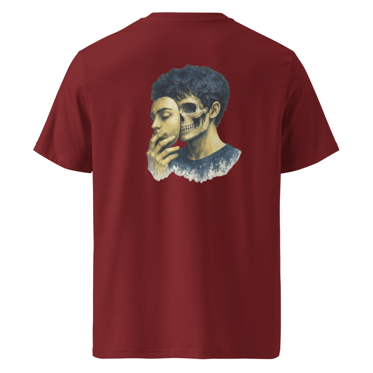 Burgundy graphic tee with blue face and skull print on the back