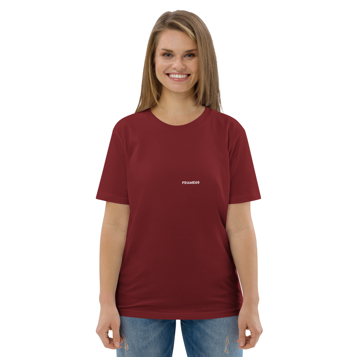 Burgundy graphic tee with small FRAME69 logo on front chest