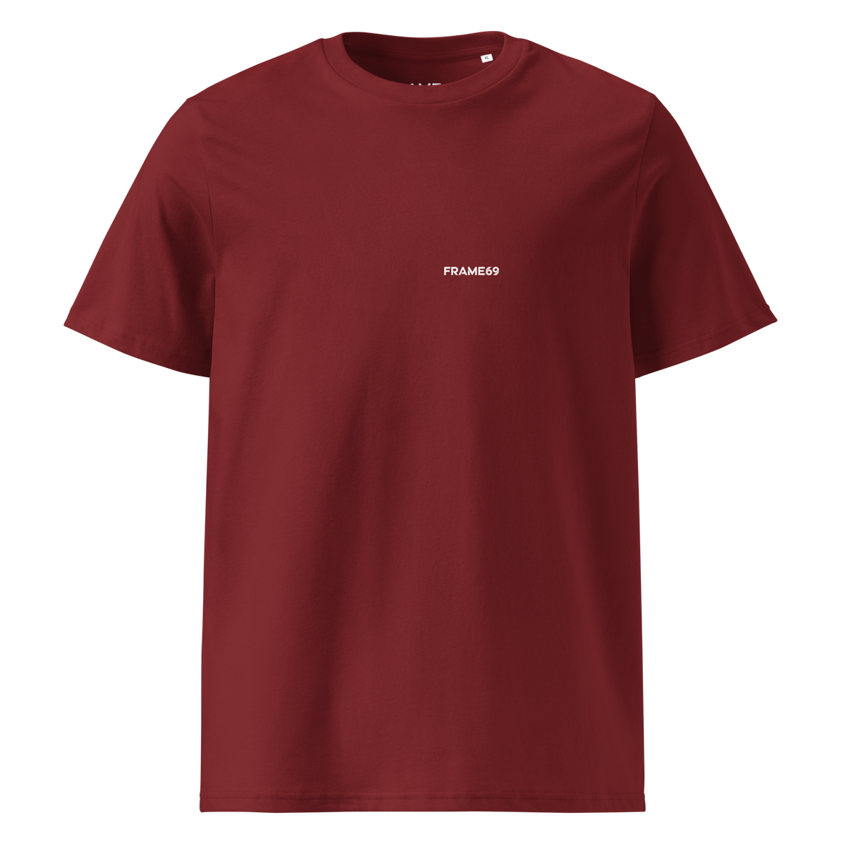 Burgundy graphic tee with small FRAME69 text on the chest