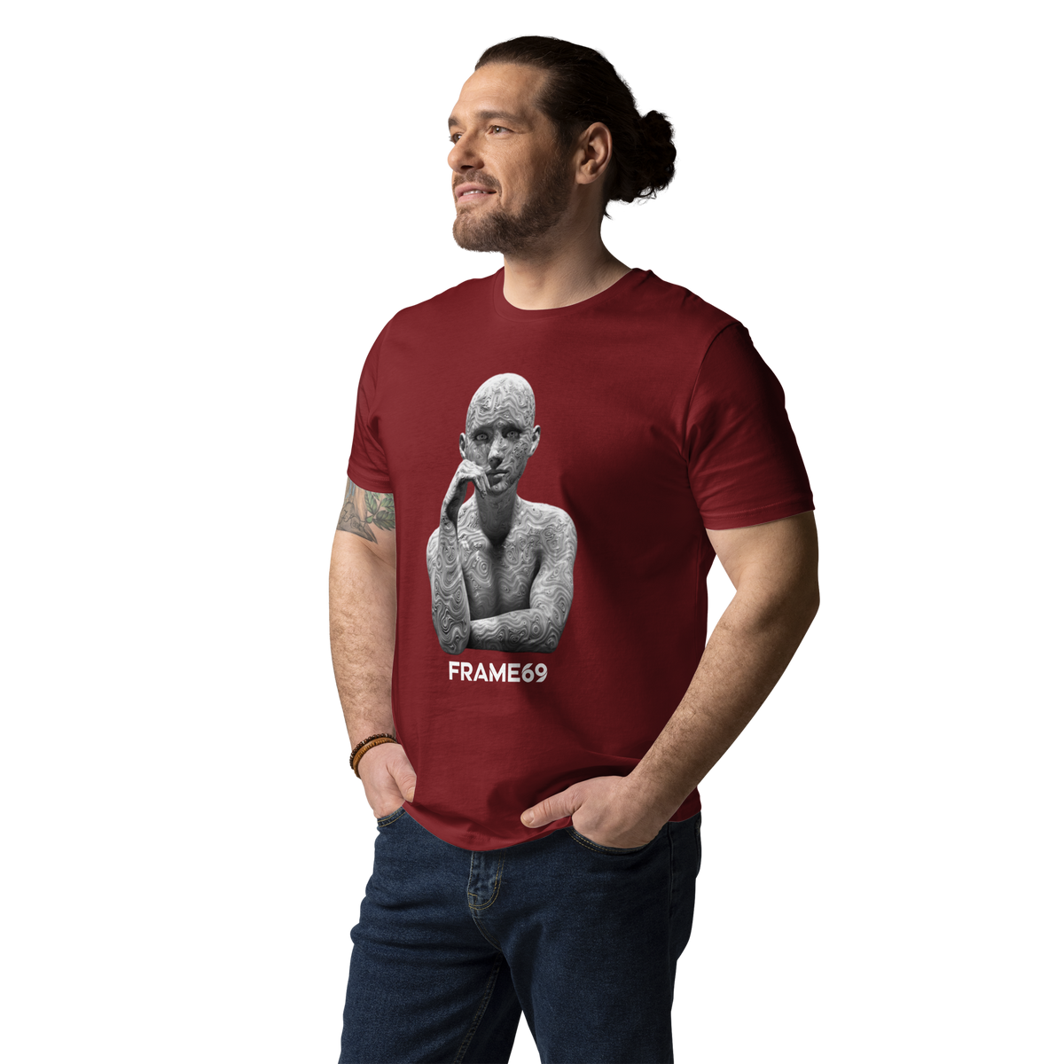 Burgundy crewneck T-shirt with gray sculpture graphic and FRAME69 text
