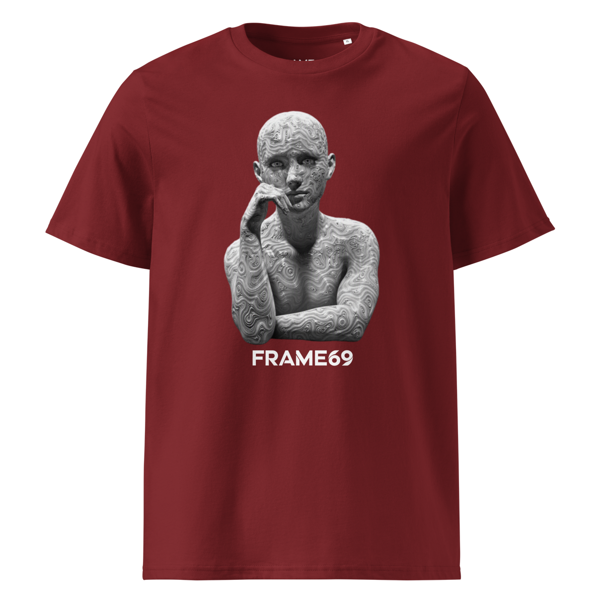 Burgundy Sculpture T-shirt with white FRAME69 statue graphic, hand to lips