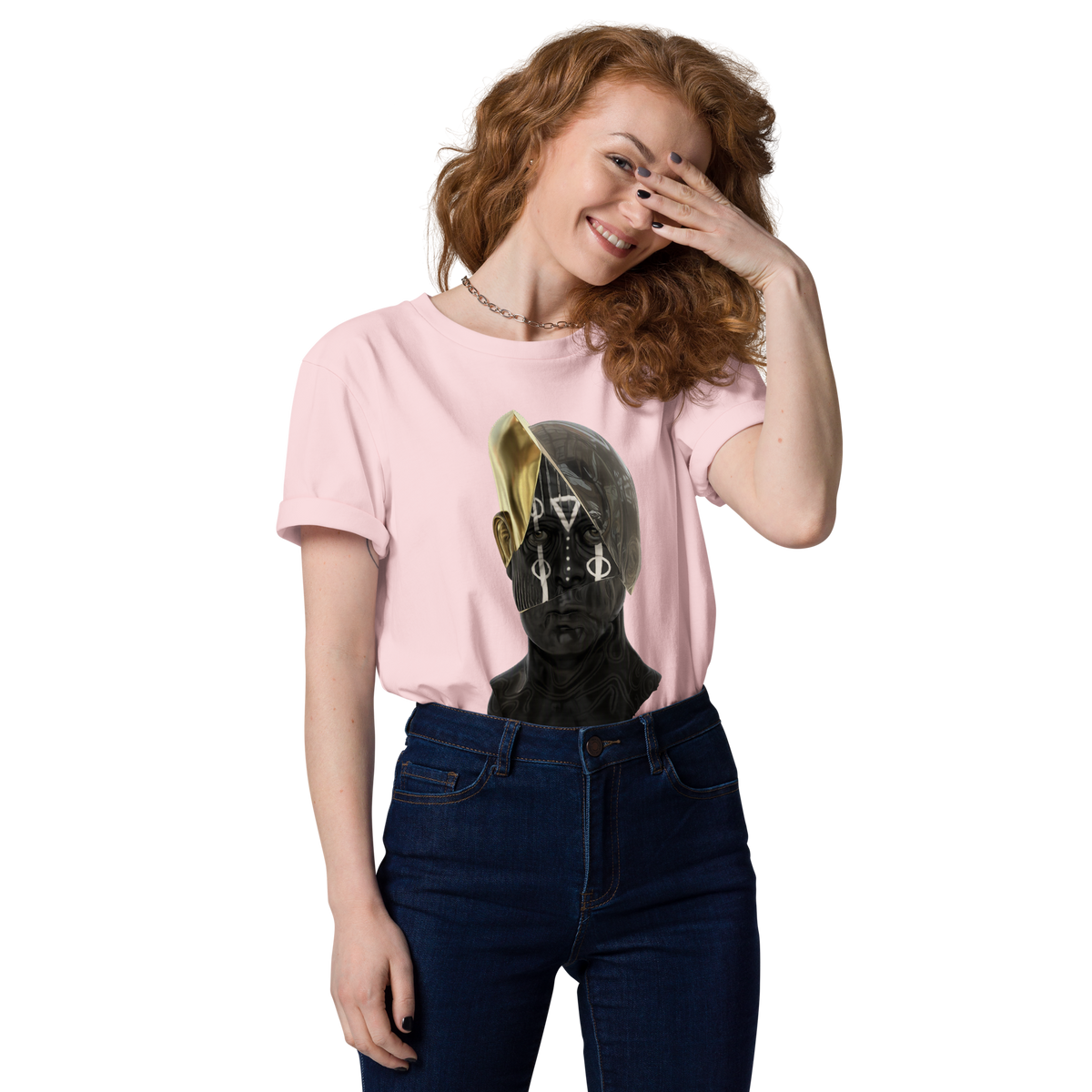 Pink split-face graphic T-shirt with crew neck and short sleeves