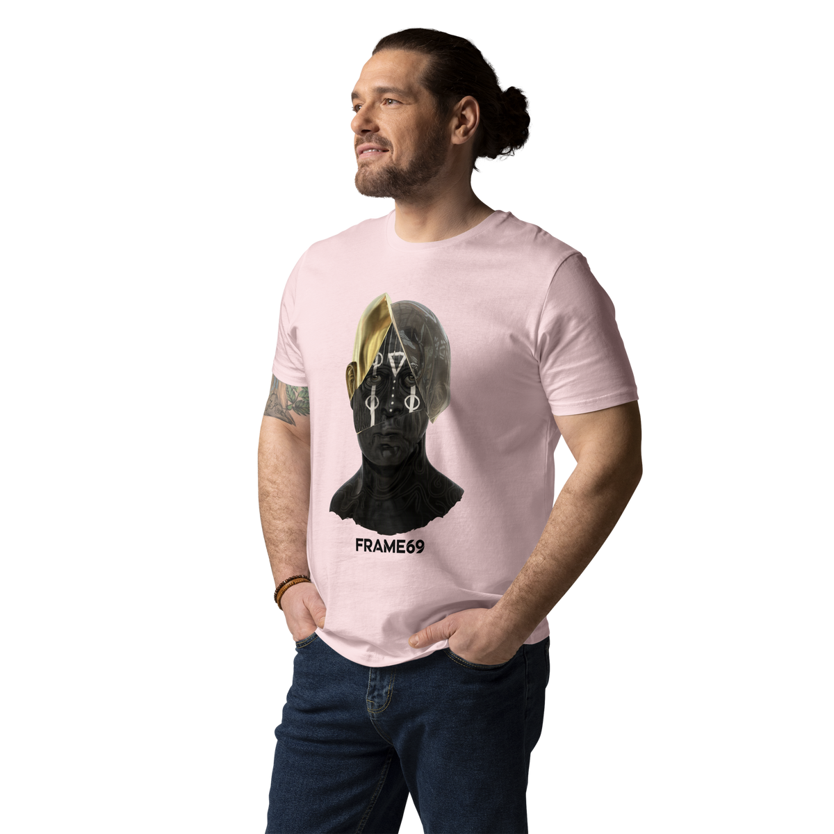 Cotton pink Split Face graphic tee with multicolor face print and FRAME69 logo