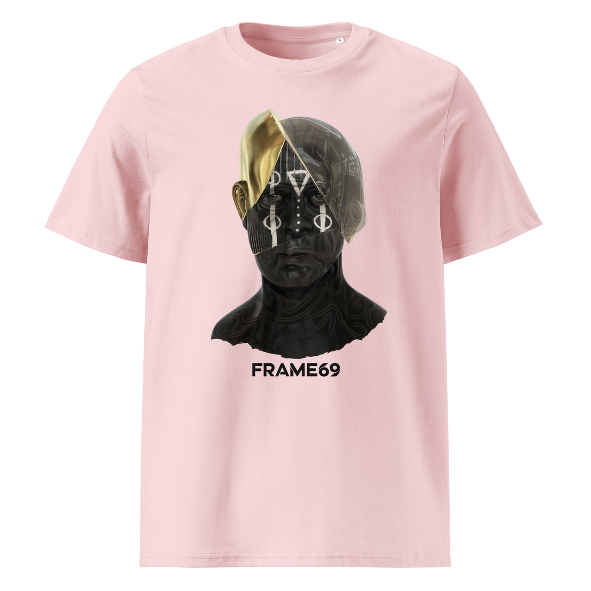 Split Face graphic tee in cotton pink with multicolor face print and FRAME69 logo