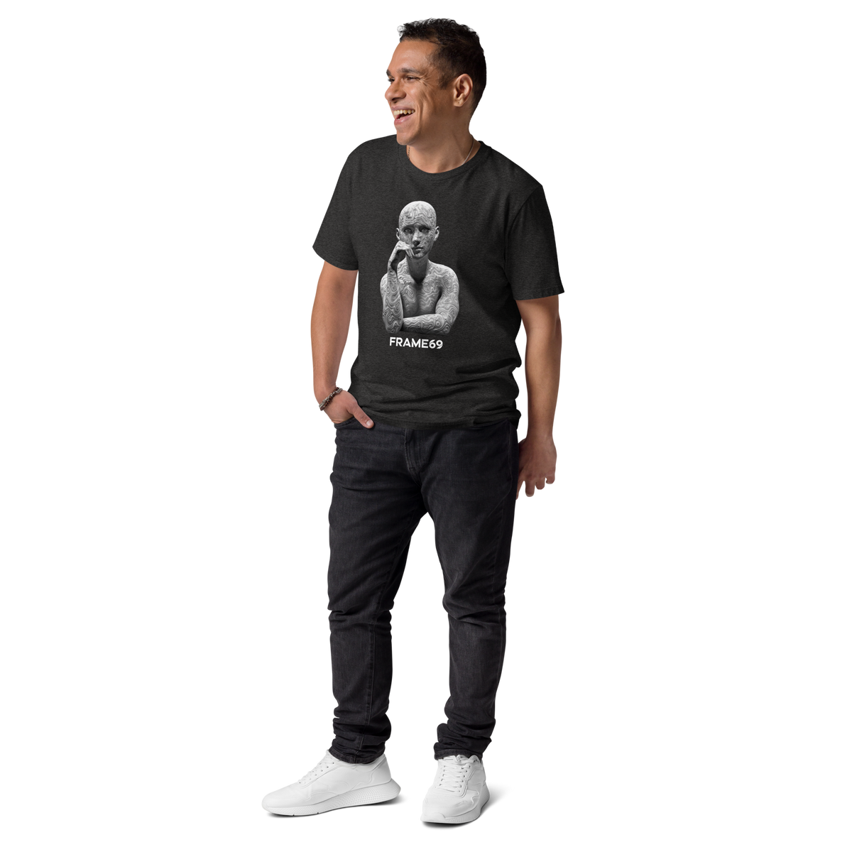 Dark Heather Grey Sculpture T-shirt on model with small white FRAME69 statue graphic