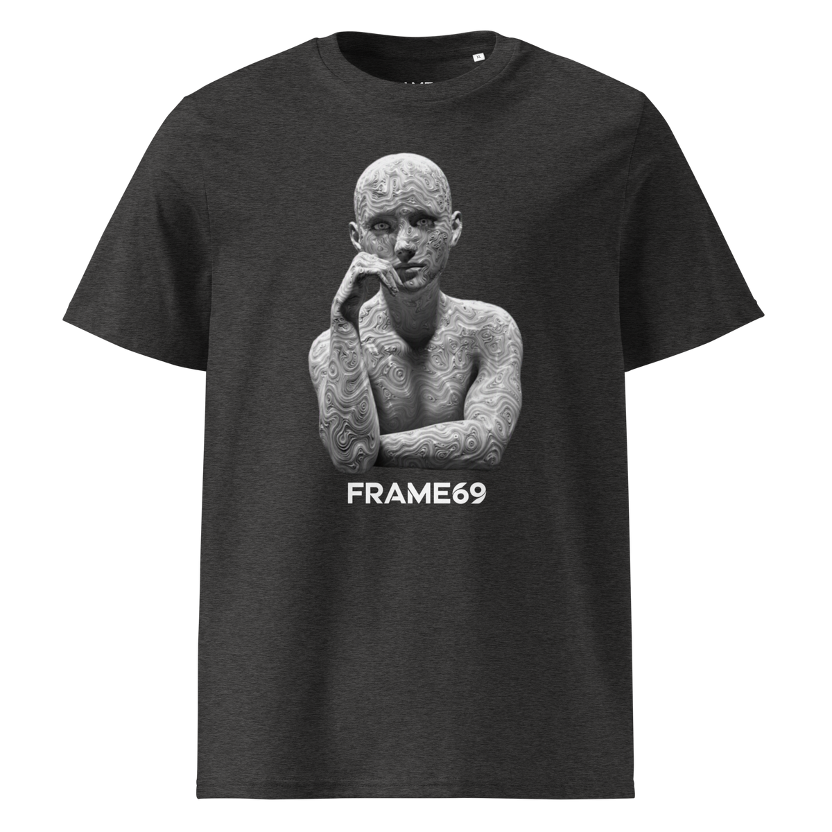 Dark Heather Grey Sculpture T-shirt with white FRAME69 statue graphic, hand to lips