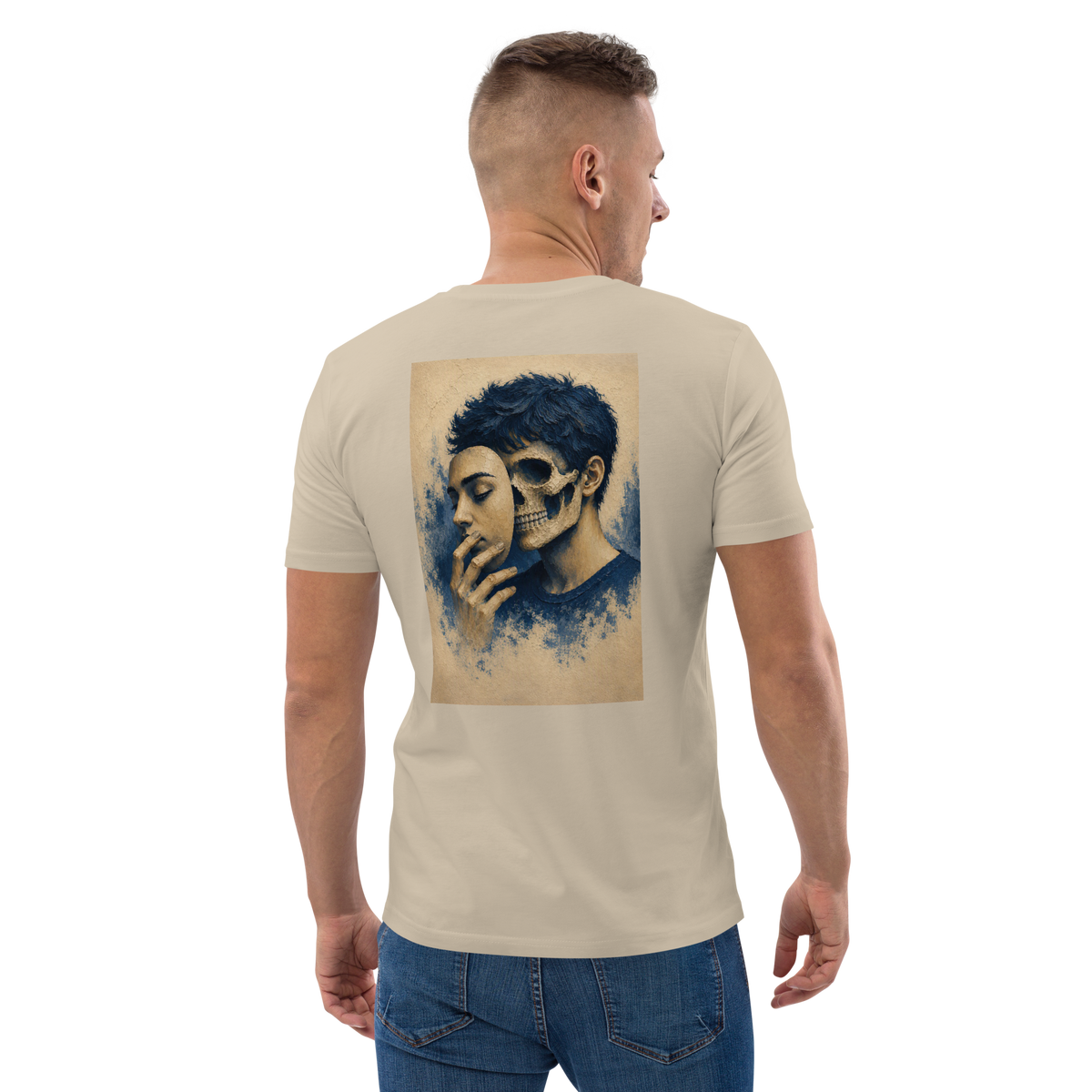 Beige graphic tee with blue portrait skull print on back square