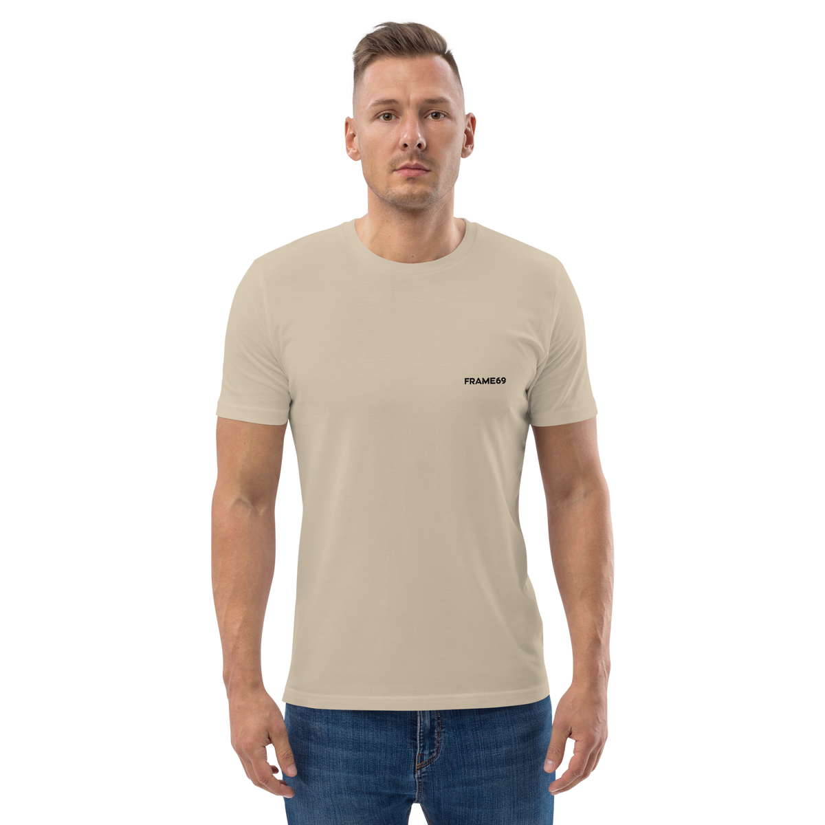 Beige graphic tee with small FRAME69 logo on front chest