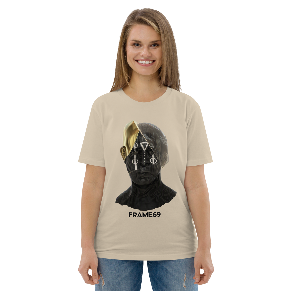 Desert dust Split Face graphic tee with multicolor face print and FRAME69 logo