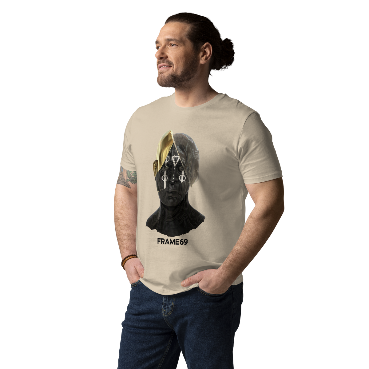 Desert dust Split Face graphic tee with multicolor face print and FRAME69 logo