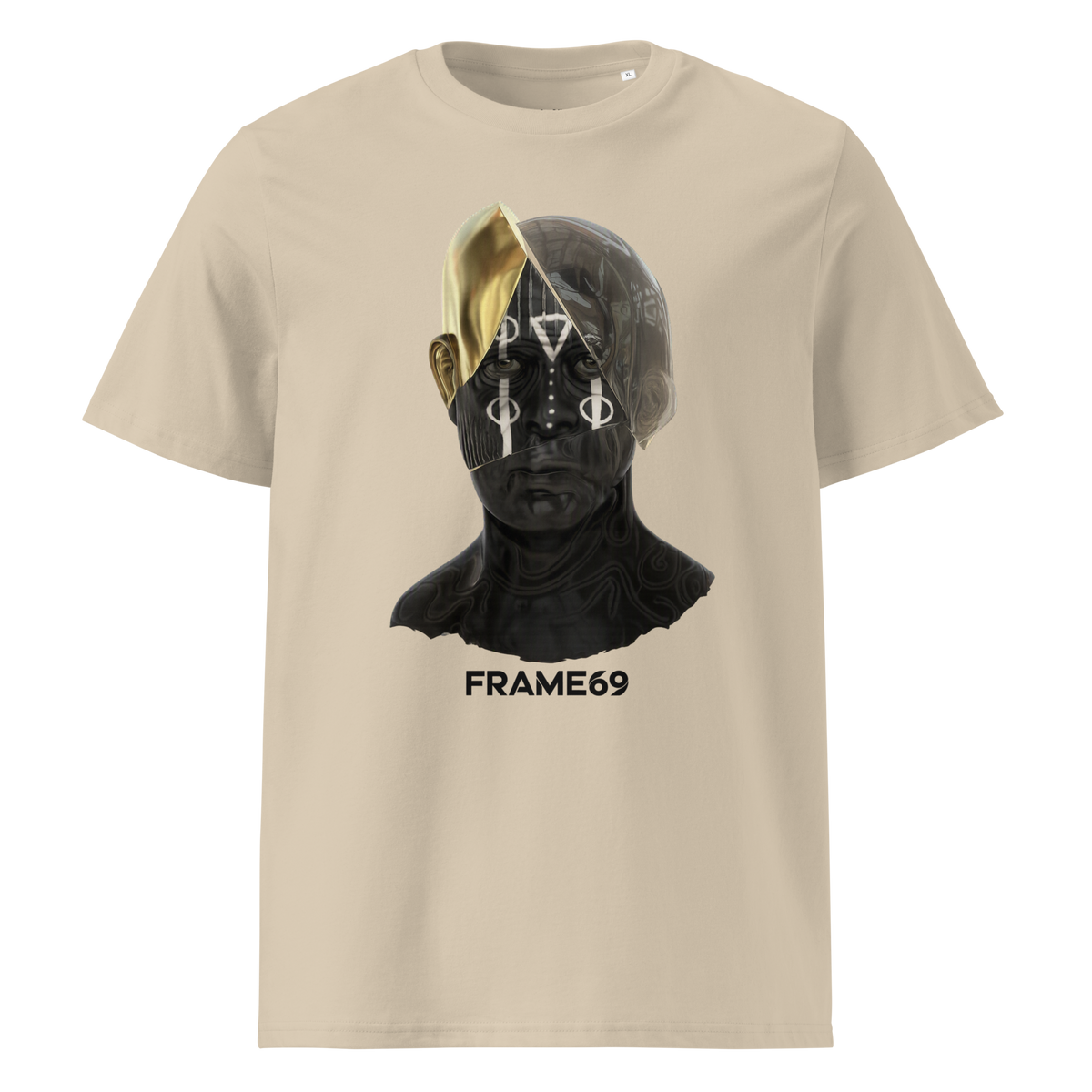 Split Face graphic tee in desert dust with multicolor face print and FRAME69 logo