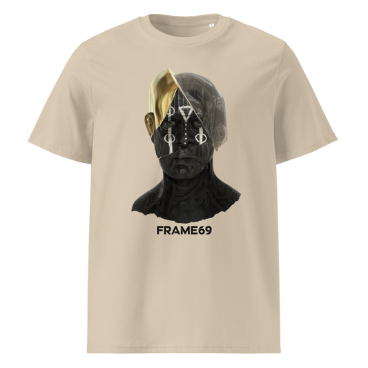 Split Face graphic tee in desert dust with multicolor face print and FRAME69 logo