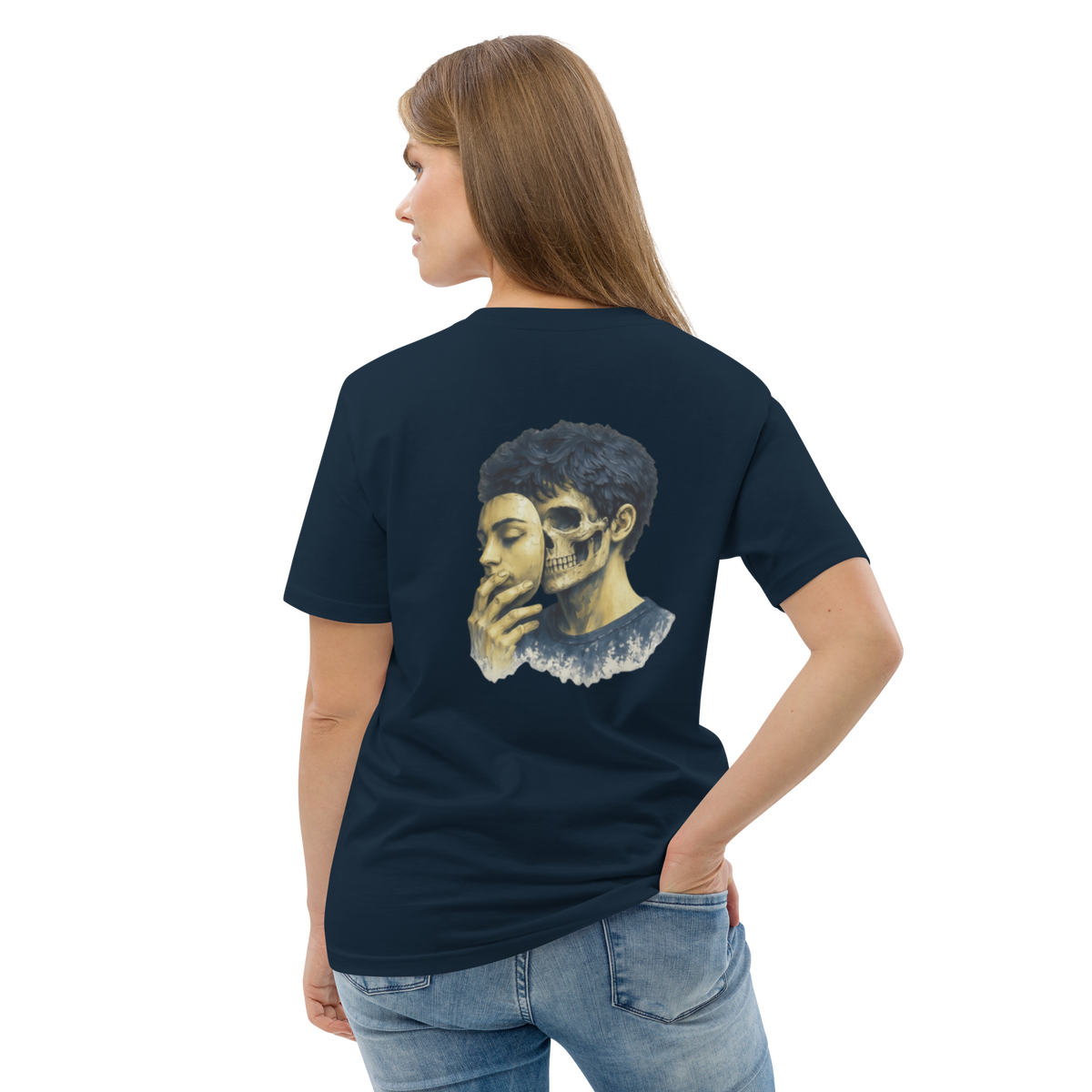 Navy graphic tee with blue portrait skull graphic on back