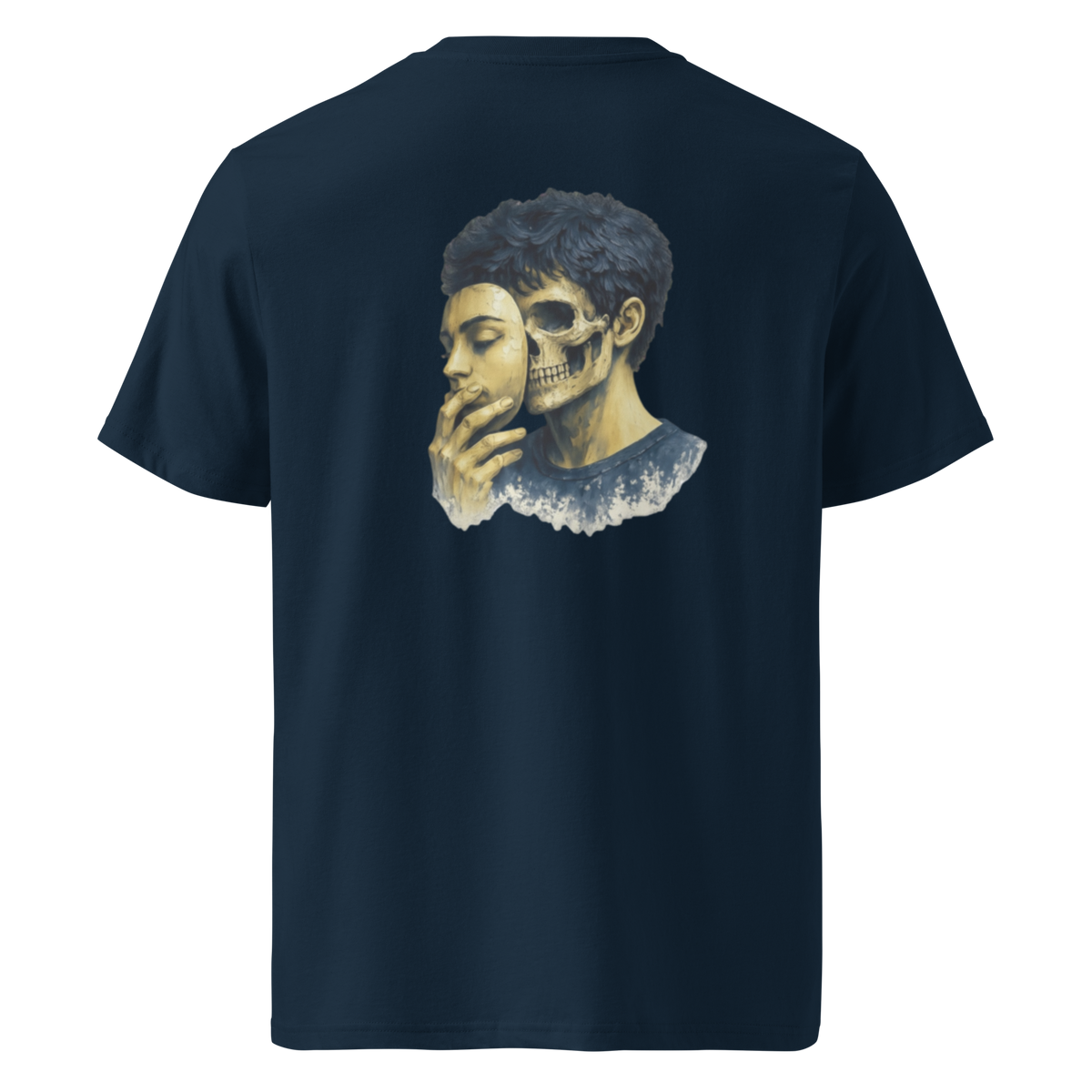 French navy graphic tee with blue face and skull print on the back