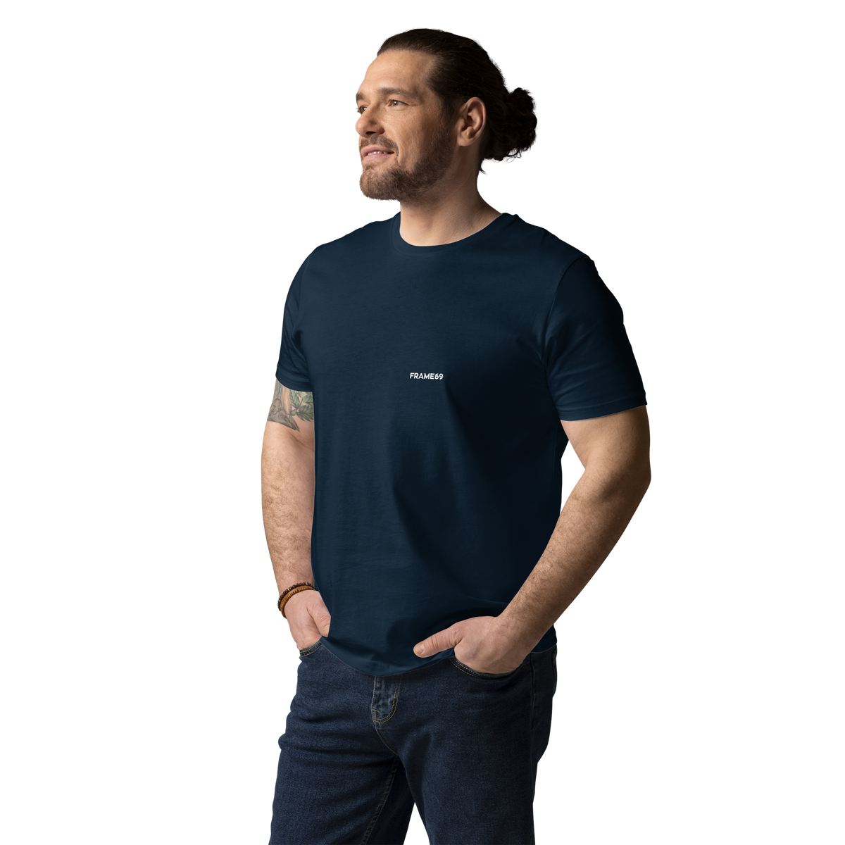 Navy graphic tee with small FRAME69 logo on front chest