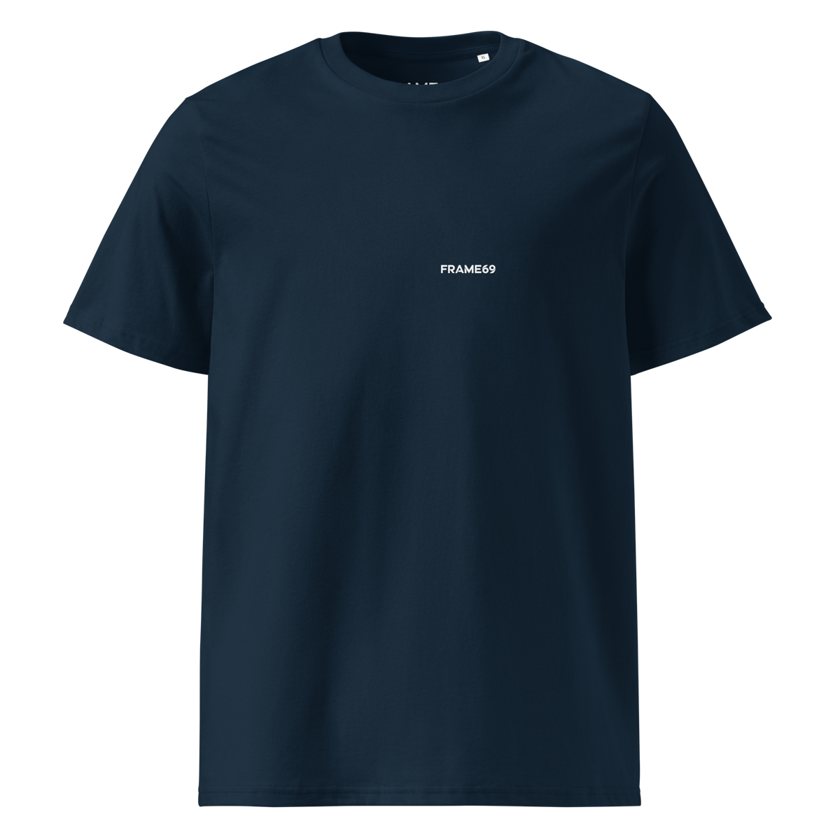 French navy graphic tee with small FRAME69 text on the chest