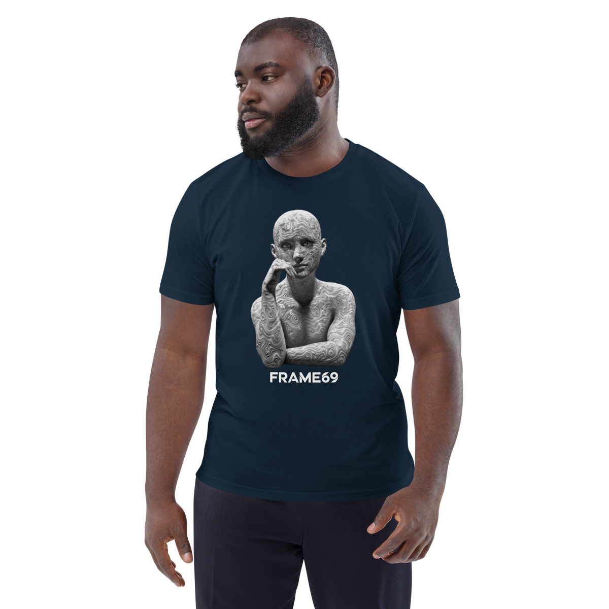 Stargazer Sculpture T-shirt on model with white FRAME69 statue graphic, hand to lips