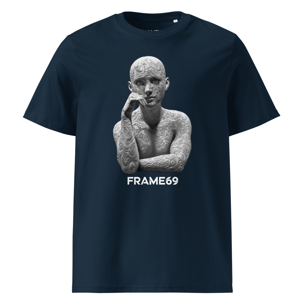 French Navy Sculpture T-shirt with white FRAME69 statue graphic, hand to lips
