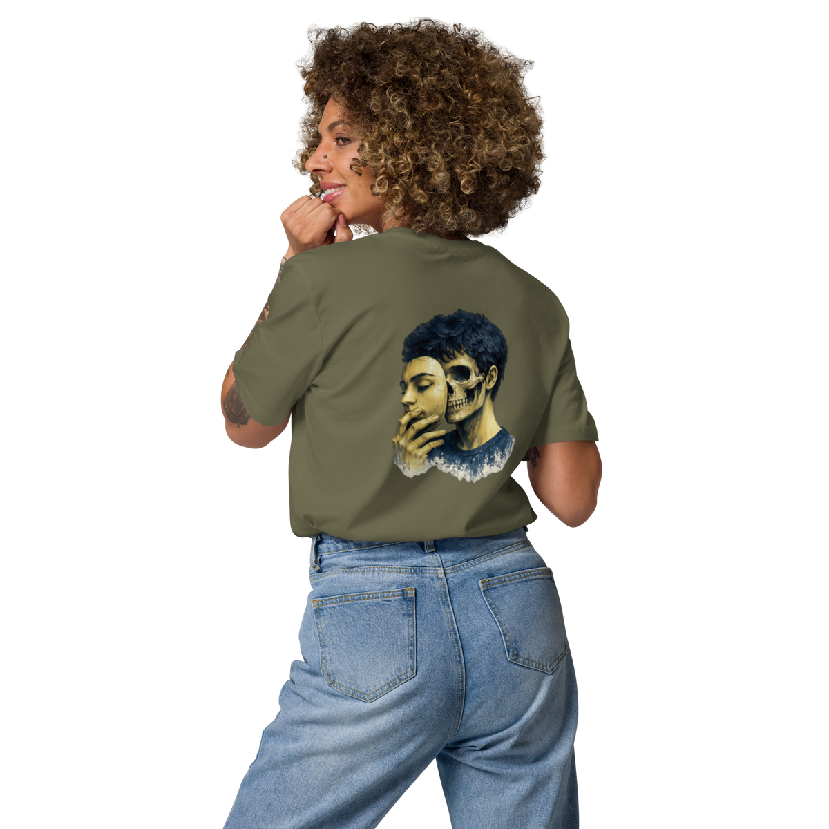 Olive graphic tee with blue face and skull print on the back