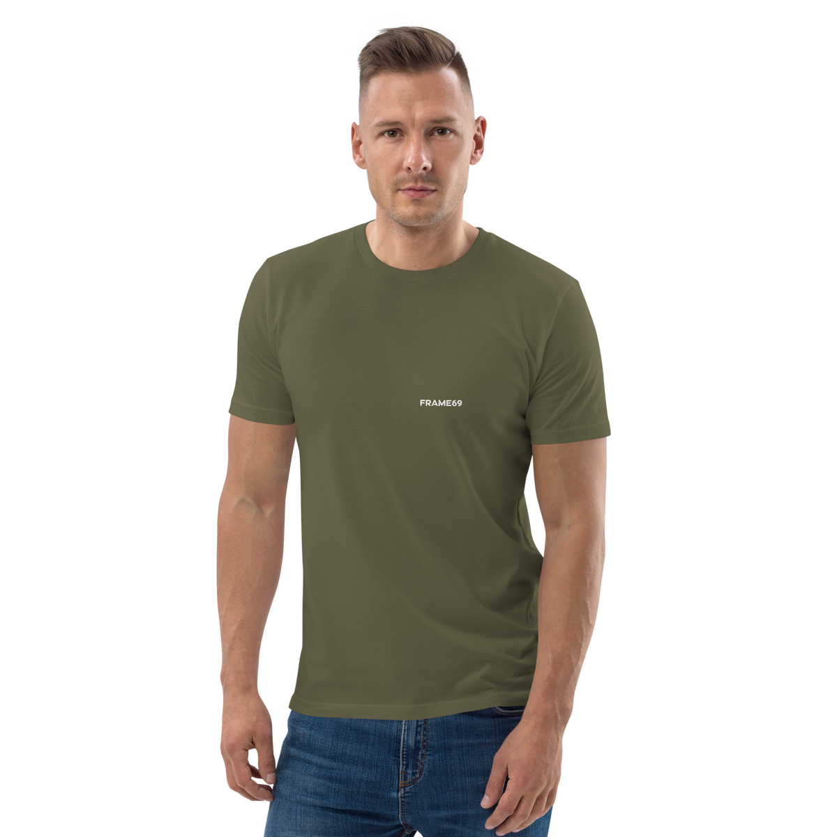 Olive graphic tee with small FRAME69 text on the chest