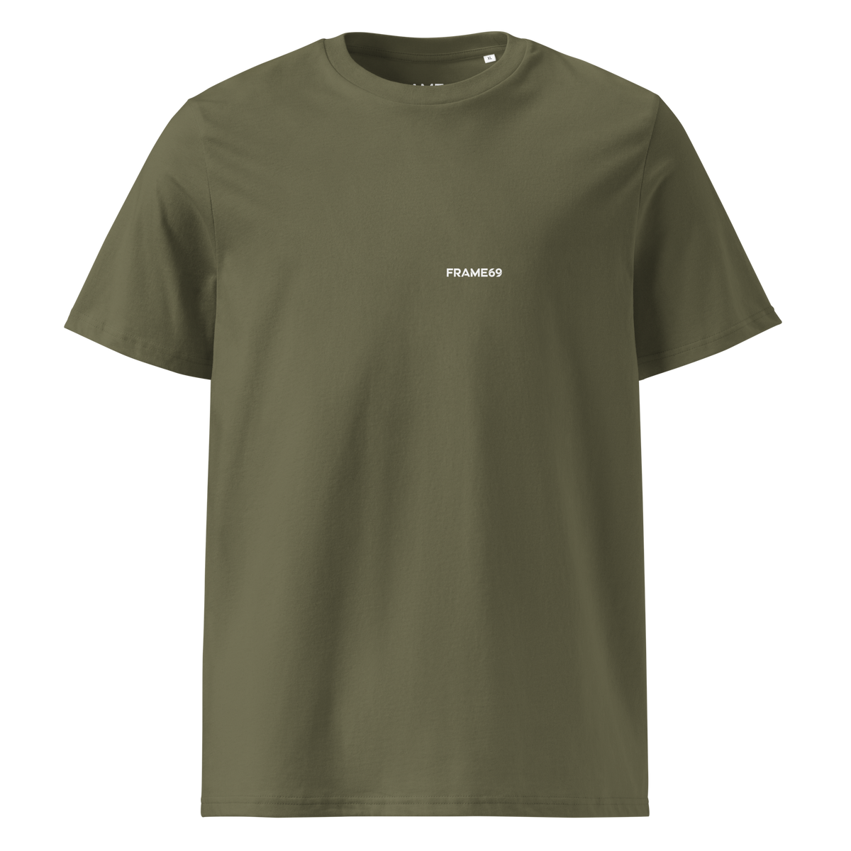 Olive khaki graphic tee with small chest logo, crew neck, short sleeves