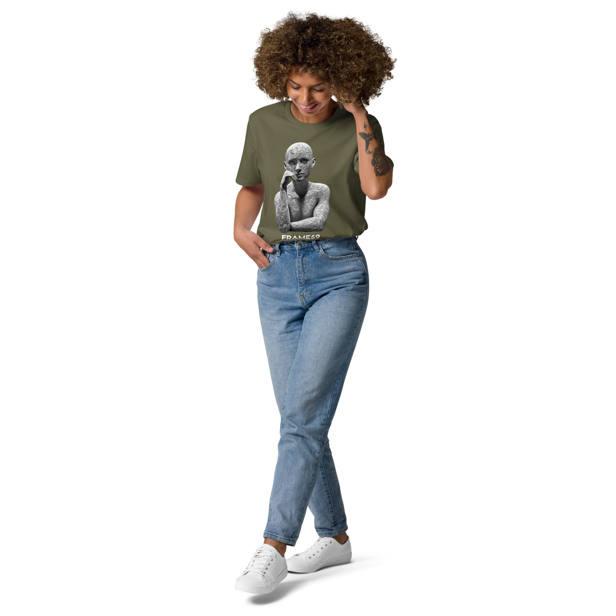 Olive crewneck T-shirt with gray sculpture graphic and FRAME69 text